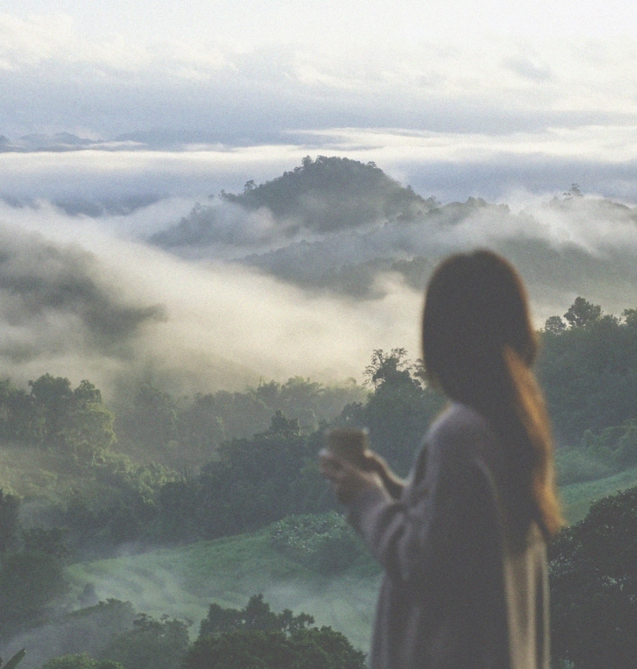⾃然の壮⼤さを感じさせる背景と後ろ姿の⼥性